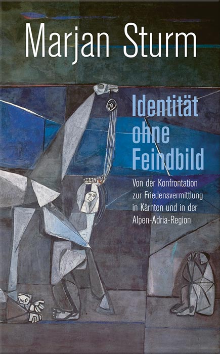 Buchcover Marjan Sturm: "Identität ohne Feindbild", im Hintergrund ein Ausschnitt aus den Klagenfurter Bahnhofsfresken von Giselbert Hoke